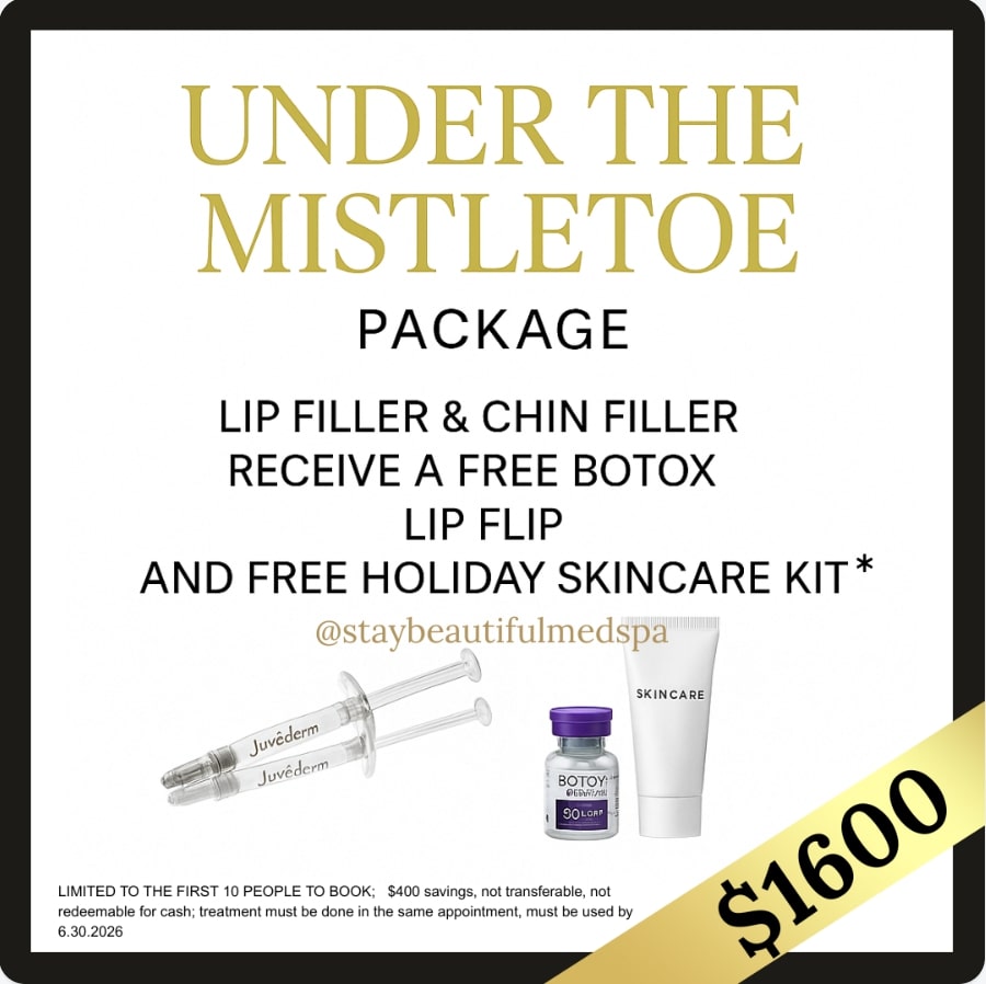 Under the Mistletoe Package for $1,600. Lip filler & chin filler. Receive a free Botox Lip Flip and free holiday skincare kit.